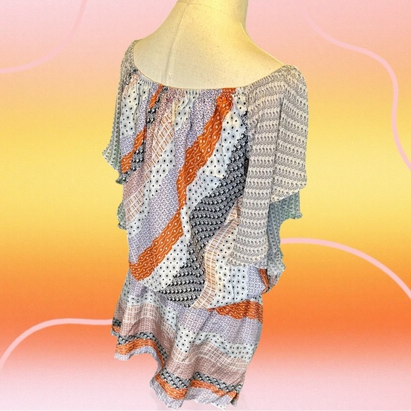 Gypsy 05 Gray & Orange Multi Bandana Print Striped Boho Silk Mini Dress Size M - Picture 9 of 12